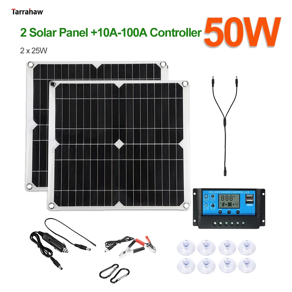 

Solar Energy System Power Generation Solar Panel 50W 5V 2 USB/18V DC Outdoor Portable Waterproof Charging Plate Photovoltaic Kit