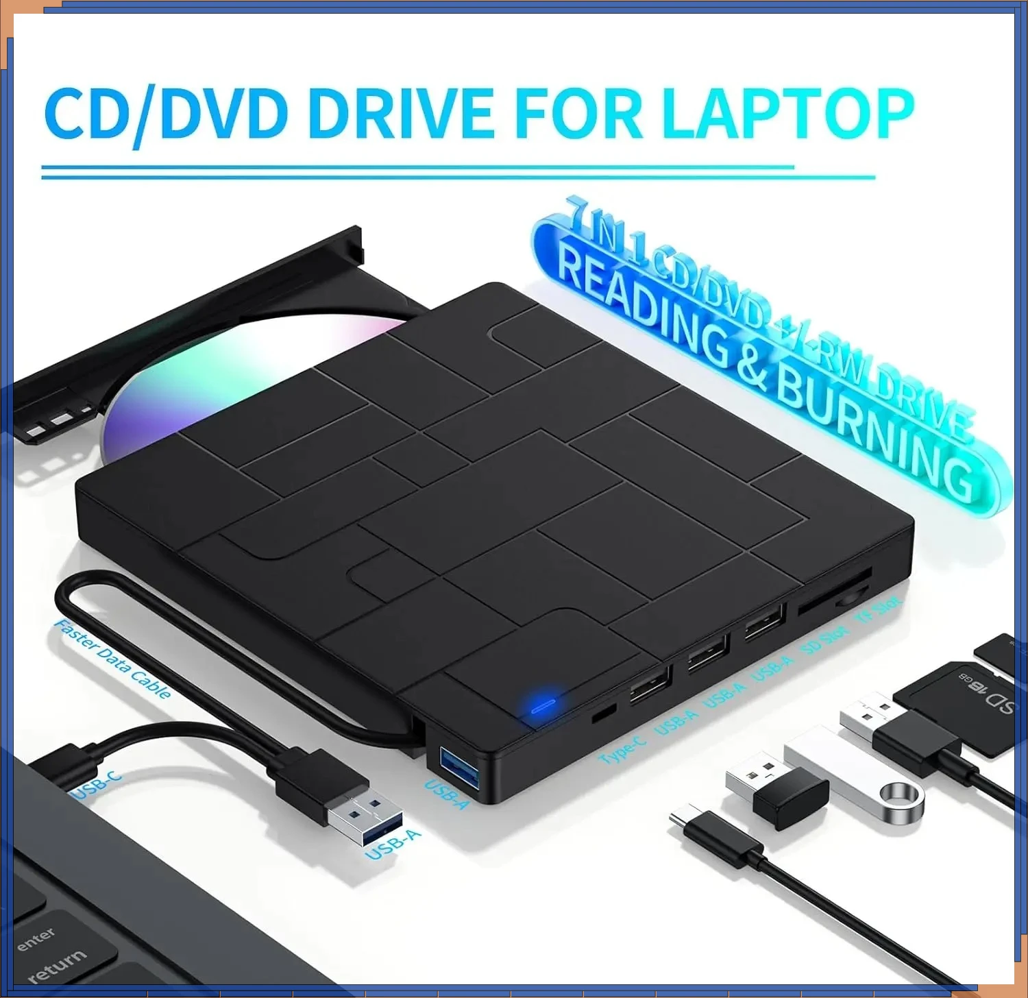 

7 in 1 External Optical Drive for Laptop PC USB 3.0 Type-C DVD CD-RW Player Portable Burner with SD/TF Card Slot