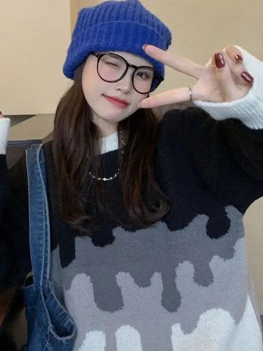 ملابس تريكو نسائية باللون الأزرق من Faionable تصميم ملون فضفاض مناسب طويل Sve قميص خريفي حراري دافئ #4