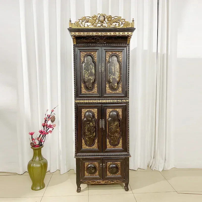 Vintage Gold Traced Tea Cabinet Antique Bookcase Qing Dynasty Style Standing Storage Cupboard Retro Ming Furniture Home Decor