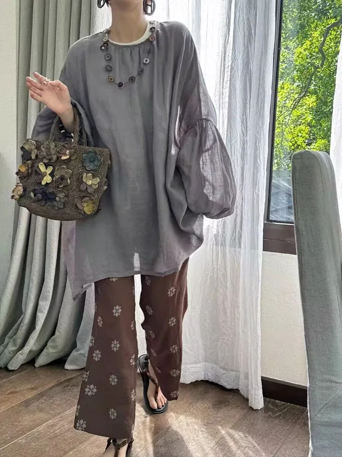 

Летняя женская свободная легкая драпированная рубашка с защитой от солнца, повседневная, комфортная, хлопковая, с длинным рукавом, цветная, коллекция 2026 года