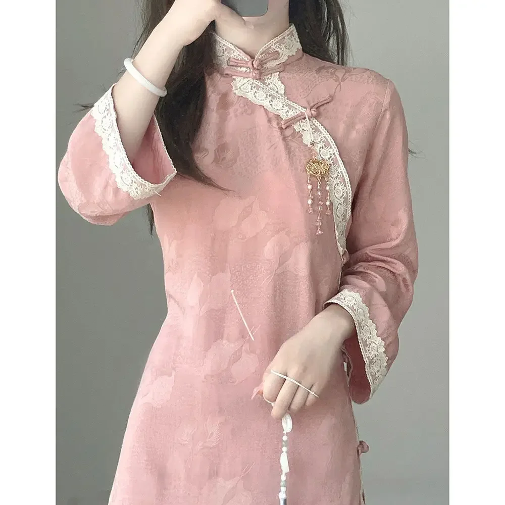 

Женское розовое улучшенное элегантное платье Cheongsam, новое весенне-осеннее платье с цветочной вышивкой, повседневное тонкое современное платье Ципао в китайском стиле
