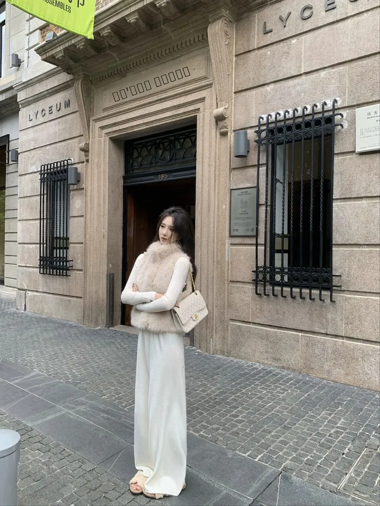 

Женский меховой жилет-куртка из экологически чистых материалов, модная верхняя одежда с круглым вырезом, длинными рукавами, однотонный, для повседневной носки