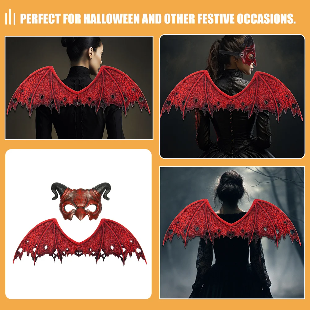 

1Set Devil Mask and Wing Set for Halloween Non-Woven Breathable Design Stylish Red Black Accents Perfect Adult Kids Cosplay