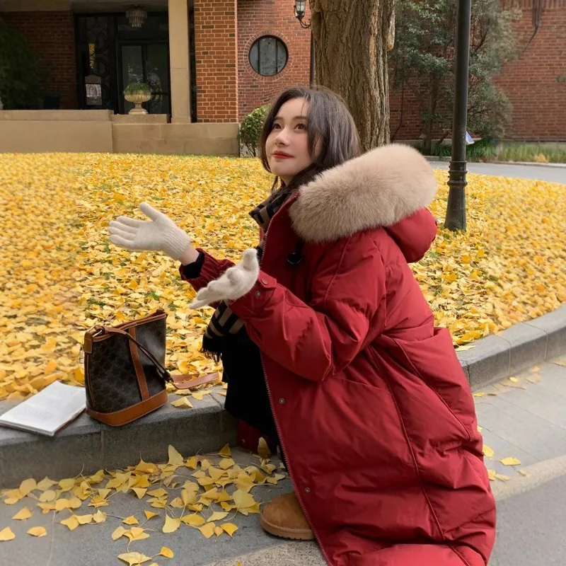 

YYAHAHAS 2025 New Winter Over Knee Extended Cotton Jacket Thickened Solid Color Big Wool Collar Coat Female Clothing