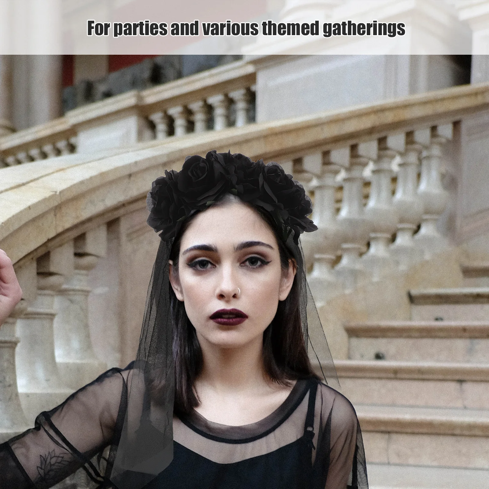 

Spooky Floral Crown Veil for Halloween Costume Black Rose Headpiece Lightweight Mesh Witch of The Dead Cosplay