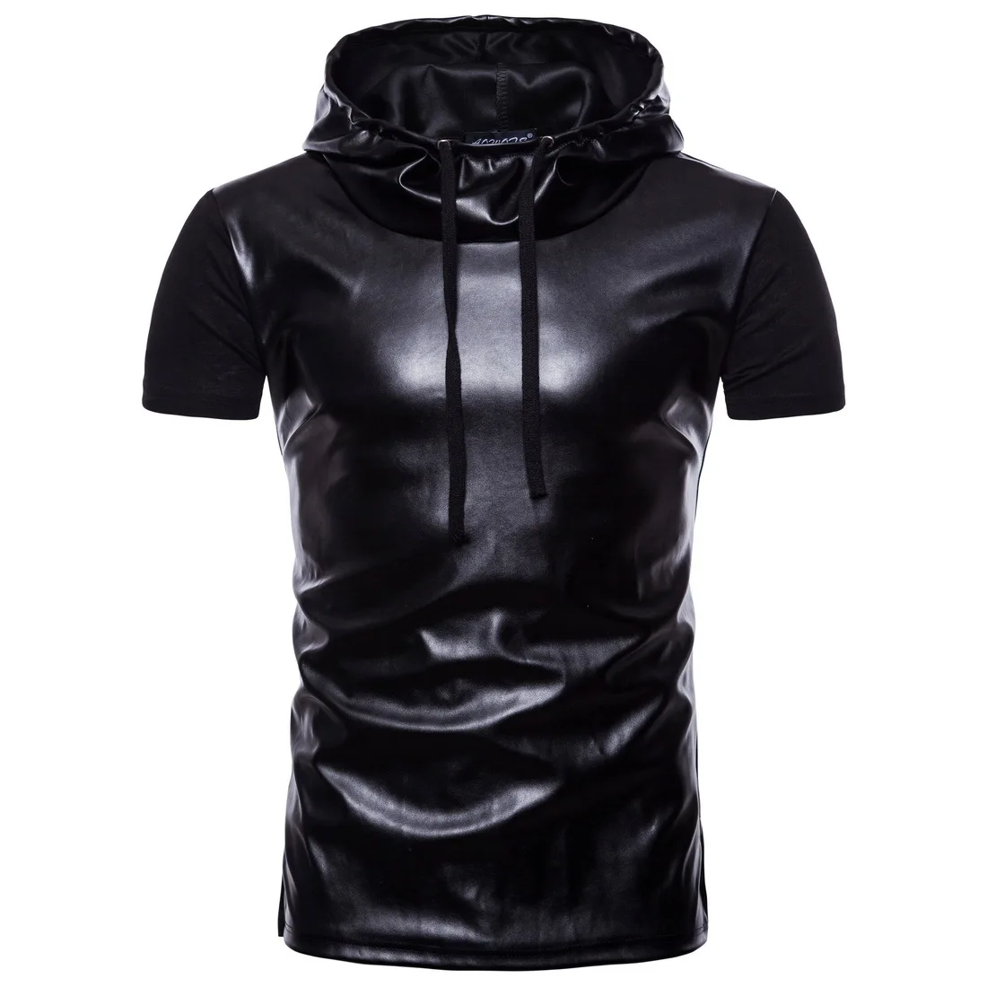 

New summer black men's short-sleeved leather T-shirt hooded trend T-shirt