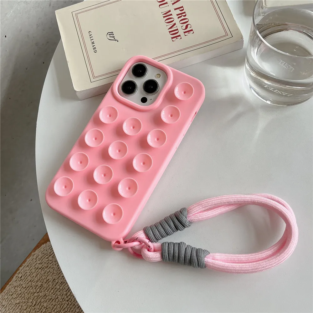 INS Cute Creative Suction Cup Phone Case For iPhone 16 15 Plus 14 13 12 11 Pro Max Gadget Holder Funny Soft Silicone Back Cover