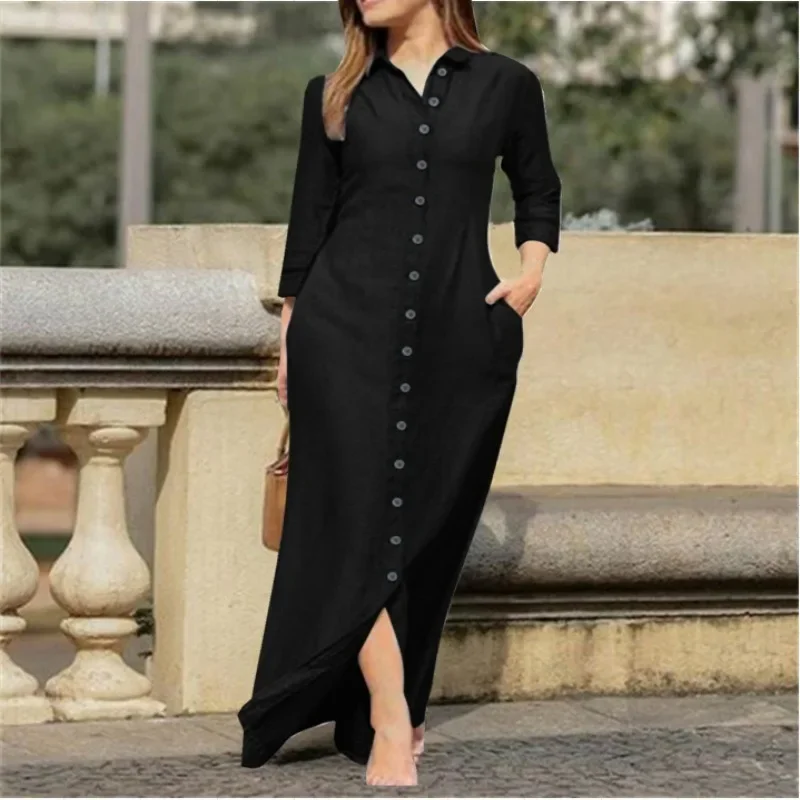 

Women's Autumn and Winter New Fashion Elegant Neutral Style Long Sleeve Lapel Cardigan Solid Color Long Cotton and Linen Dress