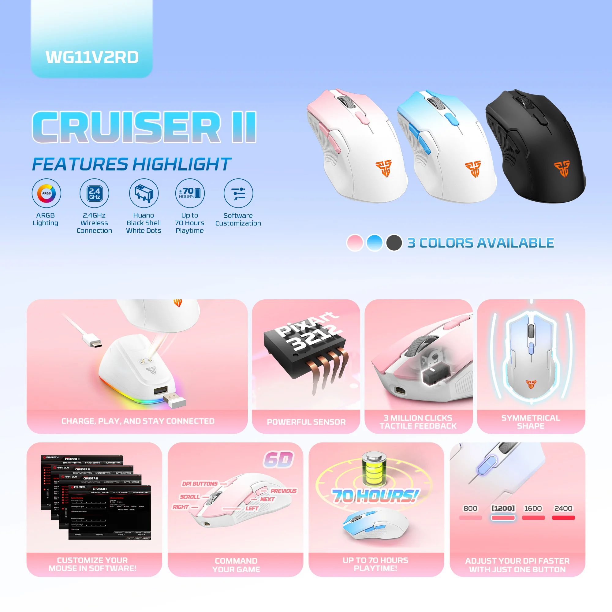 FANTECH CRUISER II WG11V2RD Office Mice Wireless Mouse 70h Use Time 3 Million Clicks 6 Macro Switch Pixart 3212 2400DPI RGB Mice