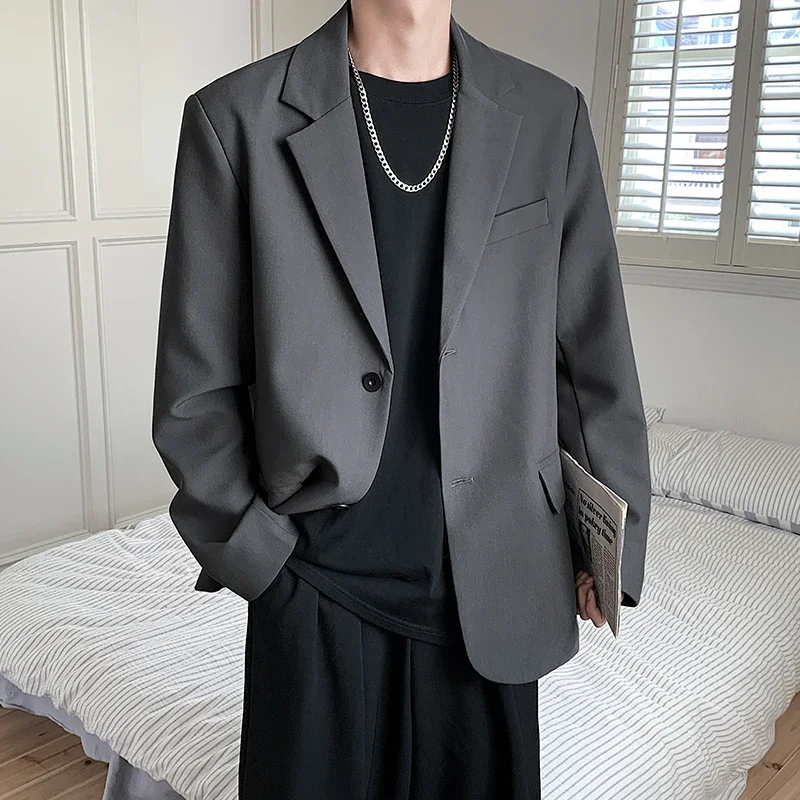 Men Handsome Casual Blazers Men Leisure Loose Suit Jackets Trendy Male Daily Streetwear All Match Korean Suit Black Blazer
