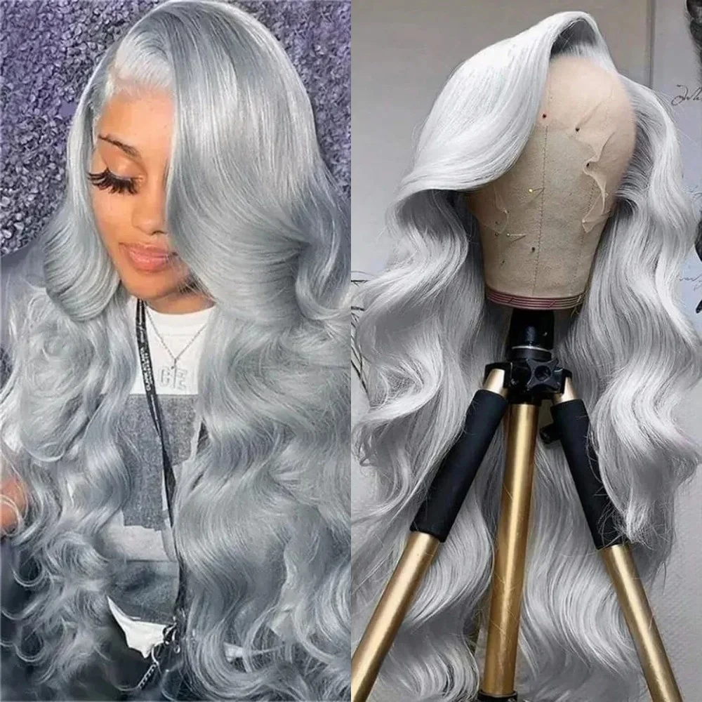 

Длинный вьющийся волнистый серебристо-серый синтетический парик спереди для женщин со свободной частью объемной волны Серые термостойкие волокна парики на каждый день