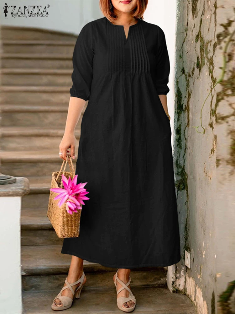 2025 ZANZEA été couleur unie Robe Vintage femmes Maxi Robe longue 3/4 manches plissée Robe d'été décontracté travail robes Robe Femme