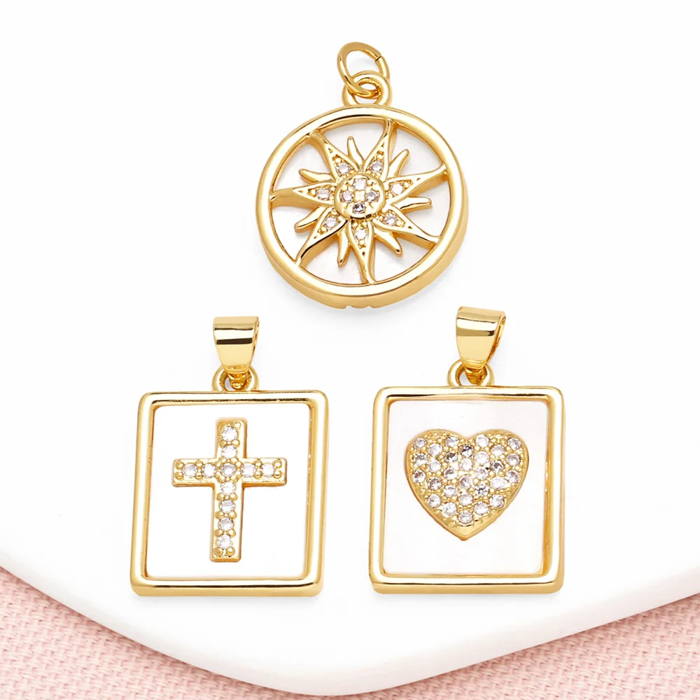 

OCESRIO White Crystal Heart Shell Card Pendant for Necklaces Copper Gold Plated Cross Sun Medal Jewelry Making Component pdtb732