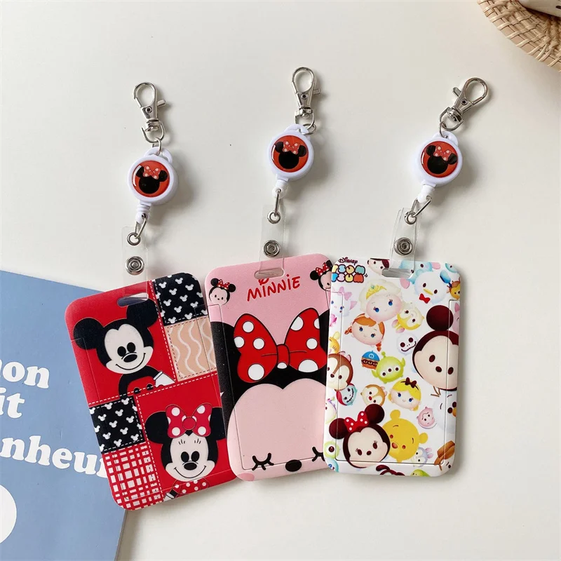 New Anime Mickey Mouse Card Sleeve Kawaii Minnie Stitch Flexible Easy Pull Buckle Card Holder Keychain Children Gifts