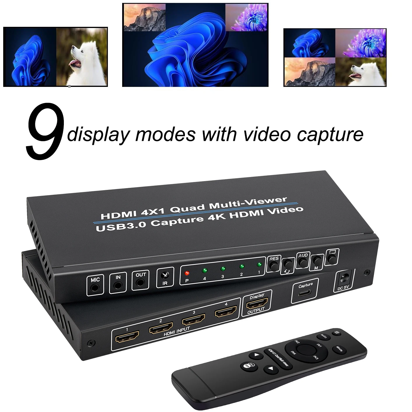 

4K 4x1 HDMI Multiviewer with USB 3.0 Video Capture Card Grabber Seamless Switch for Camera Laptop PC Live Streaming 1080p Record