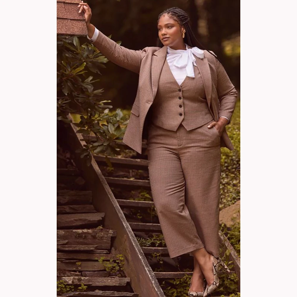Brown Women's Suit Customized Formal Plus Size Single-grain Buckle Three Pieces (Jacket+Pants+Vest) Office Lady Business Set