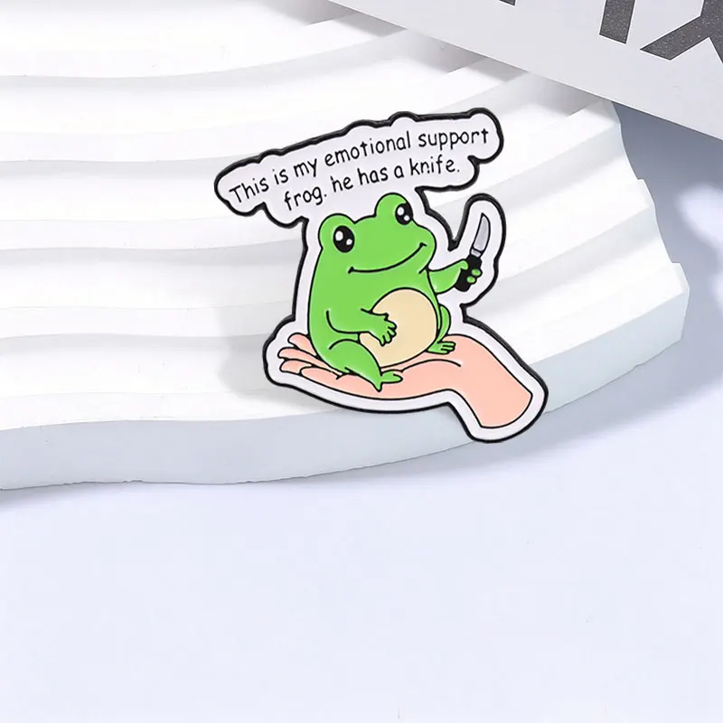 Emotional Support Frog With Knife Enamel Pin Cute Humor Frog On Palm Holding Knife Brooch Fashion Bag Lapel Badge Jewelry Gifts