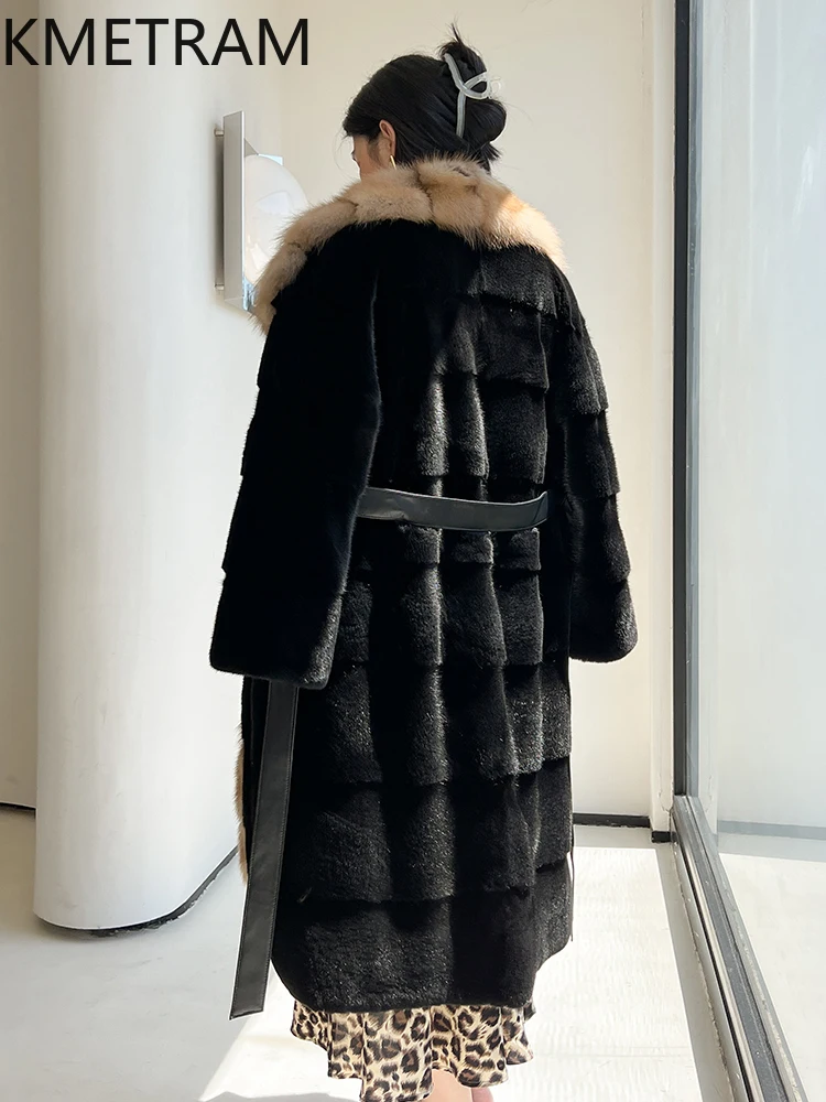 معاطف KMETRAM 100% من فرو المنك المخملي للنساء معطف فرو حقيقي فاخر عالي الجودة لشتاء 2025 ملابس خارجية جديدة سوداء طويلة للنساء #5