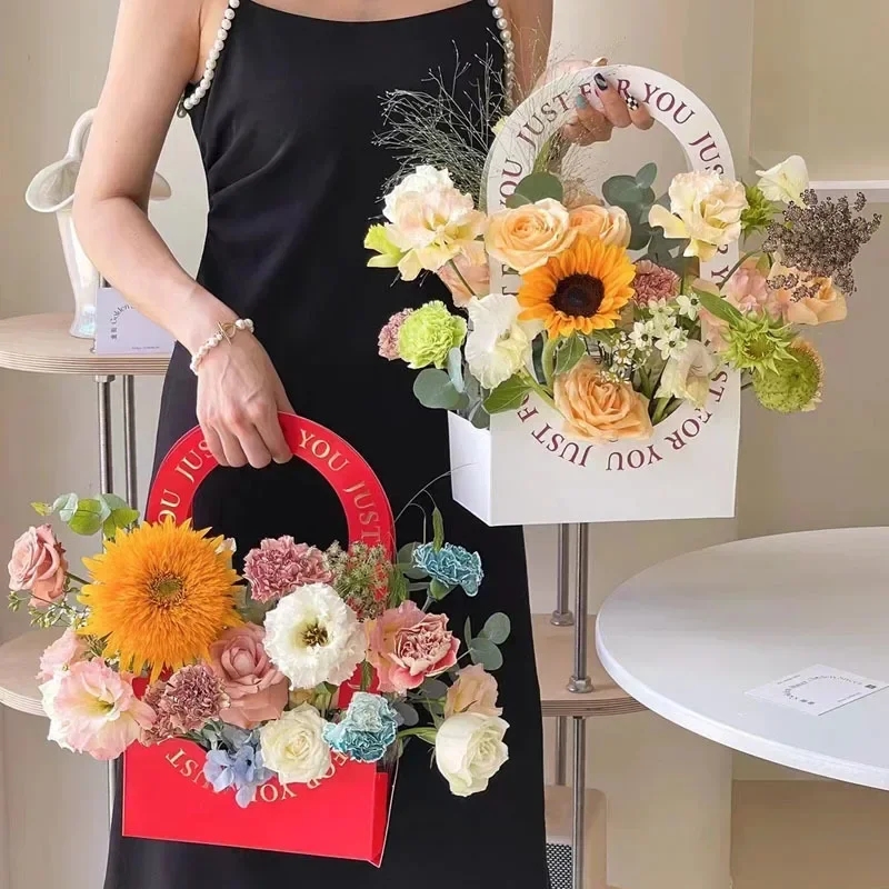 1/4/8/16PCS Foldable Carton Flower Basket Handheld Bouquet Gift Bag Valentine's Day Flower Packaging Wedding Party Decoration