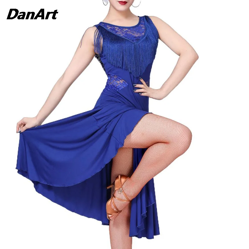 

Latin Dance Dress Women Sexy Lace Hollow Tassel Dancing Costumes Jazz Samba Rumba Tango Ladies Stage Performance Training Suit