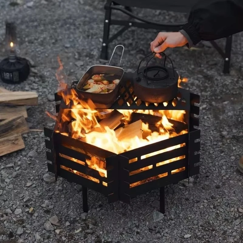 Camping Fire Pit Carbon Steel Heavy Duty Foldable Spark Screen Grill Camping Backpack Outdoor Picnic