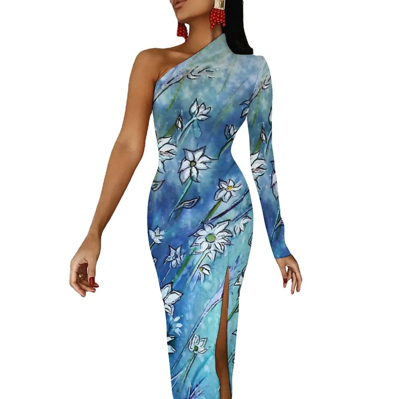 Retro Blue Fower Bodycon Dress Women Dainty Daisies Sexy Maxi Dress One Shoulder Party Design Dresses Gift