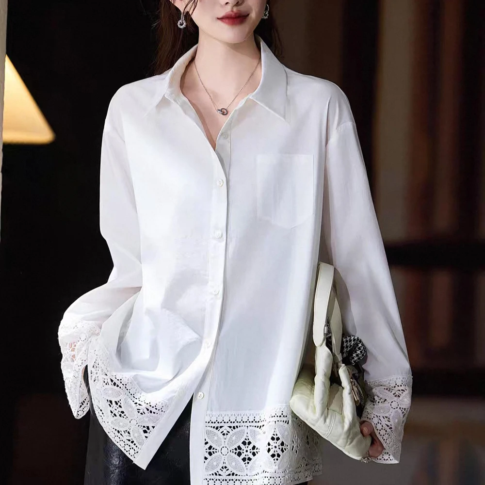 

Женская блузка ZJYT из 100% хлопка, свободного кроя, белая, с кружевными вставками, длинный рукав, элегантная, для офиса