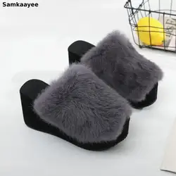 34-41 Womens Slippers Winter Wedges Peep Toe Shoes Female Faux Fur Home Zapatos Ladies PlatformThick Bottom Solid Color Footwear