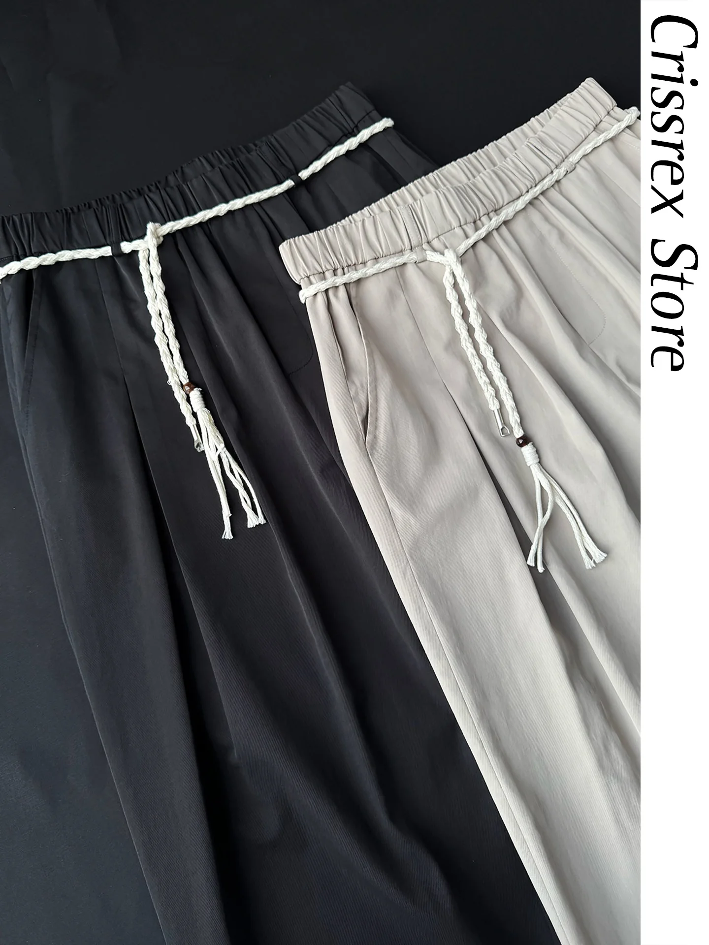 

Crissrex Store WHIMNOTION Linen Handwoven Waist Rope Casual Pants Straight Leg mid Waist Zipper Closure Daily Wear