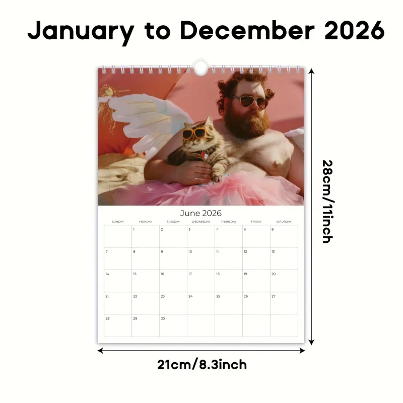 تقويم ممتع سنوي لعام 2026 - ملصقات حائط للتصوير الفوتوغرافي على شكل قطة لطيفة وممتعة، مع تصميم شهر، ديكور منزلي