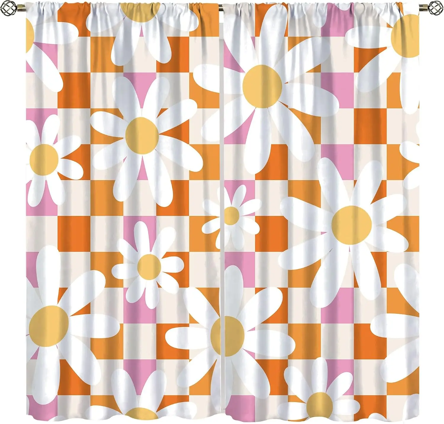 Cortina Retro con Diseño Floral de Margaritas y Cuadros, 2 Paneles, Bloques de Color, Base Blanca con Flores, para Sala de Estar, Decoración Rústica y Fresca para el Hogar