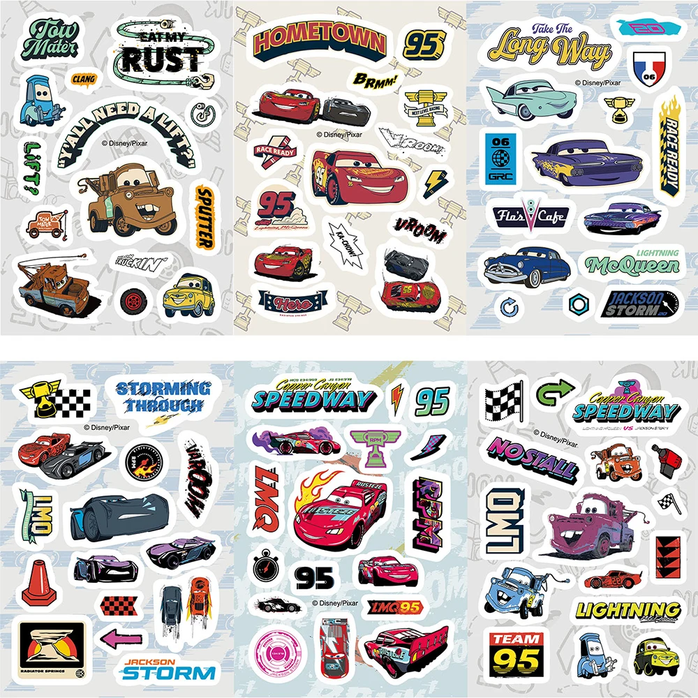8/16 hojas de pegatinas bonitas de Disney Cars, pegatinas de dibujos animados de Lightning McQueen, papelería, teléfono, cuaderno, pegatinas Kawaii, decoración