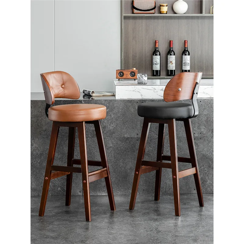 

Solid Wood European-Style High-Back Bar Stool Modern Design Simple Luxurious Cowhide Chair with Genuine Leather for Home Use