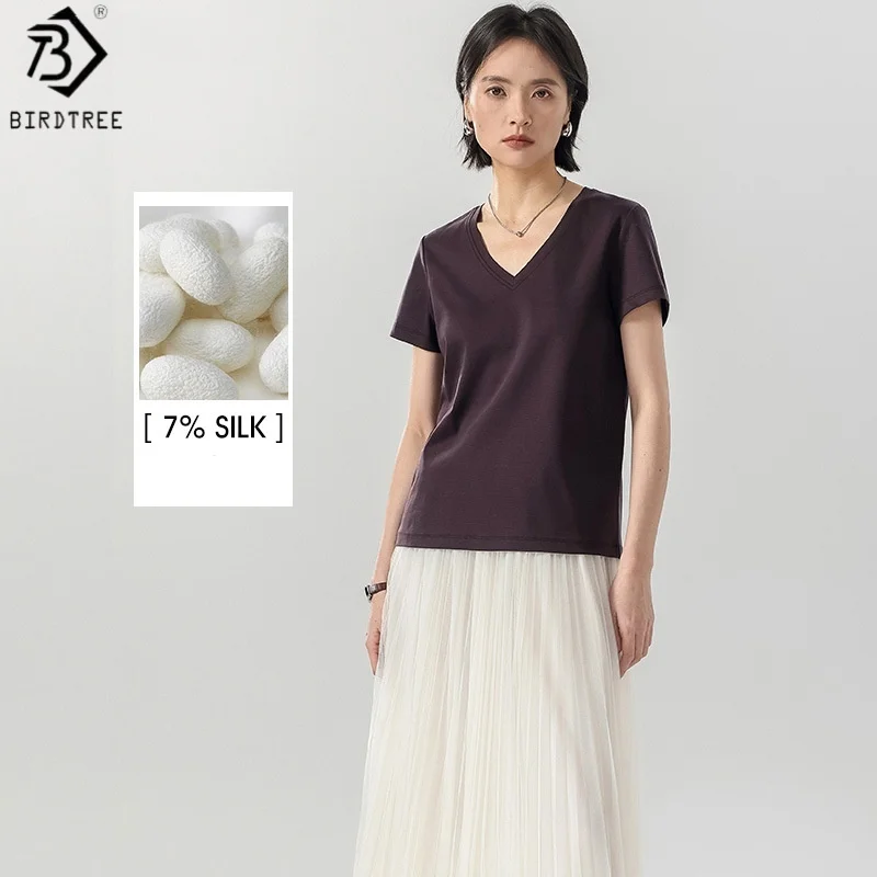 

Birdtree 7% шелк, 62% хлопок, однотонная футболка, женская свободная рубашка с v-образным вырезом и короткими рукавами, новинка весны и лета 2025 T57635JF
