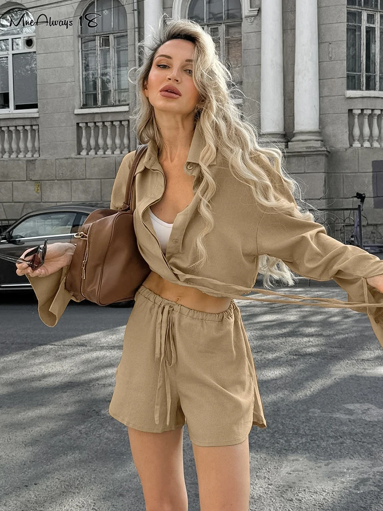 Mnealways18 Khaki High Street Women Shorts Suits Cotton Linen Lace-Up Shirts And Drawstring Shorts Two Pieces Sets Winter 2024