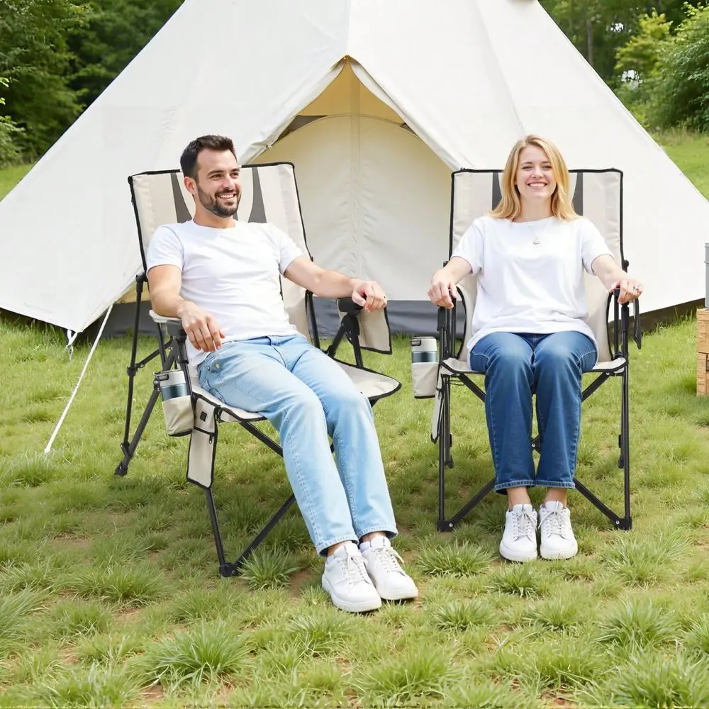 Camping Chair, 3 Heat Settings, High Back Folding Camping Chair, Supports 260lbs, Full Padded Beach Chairs With Armrest Cuphold