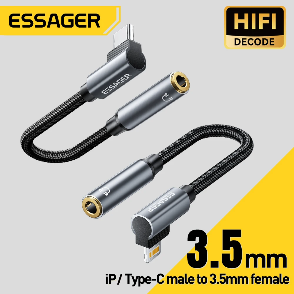 Essager L-shape Type-C to 3.5mm Jack Audio Cable for iPhone 16 15 Samsung Lighting to 3.5mm Headphone Adapter for IPhone14 13