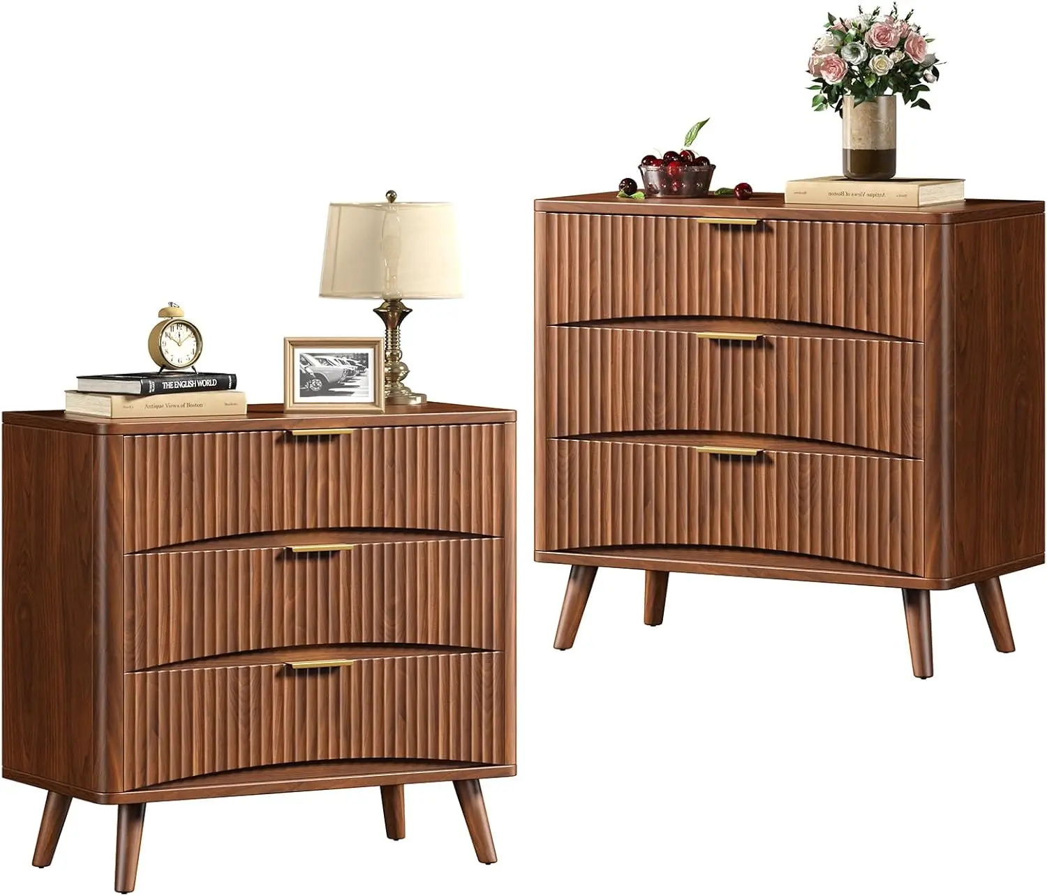 

31.5W×29“H Large Fluted Nightstands Set of 2, Mid Century Modern 3 Drawer Night Stand Bedside Table, Walnut Oak