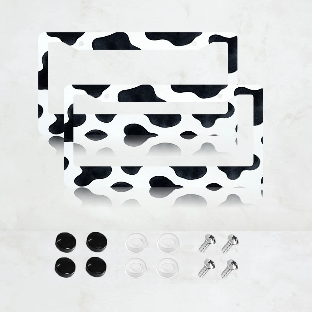 

2PC 2-Hole Cow Print License Plate Frame, Black and White Aluminum, 6x12 Inches, with Screws, Retro Novelty Car Decor