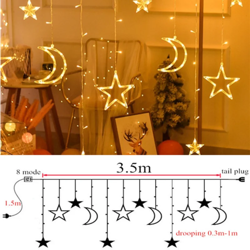 Star Moon LED Curtain Garland String Light, EID Mubarak, Decorações Ramadan para o Natal, Casa, Decoração do Evento Islã, Fontes do partido