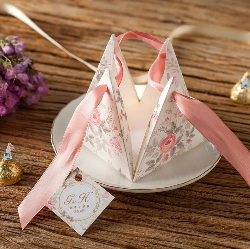 100 x New customized Creative Pink Floral Triangular Pyramid Wedding Favors Candy Boxes  Party Gift Box Sugar Box