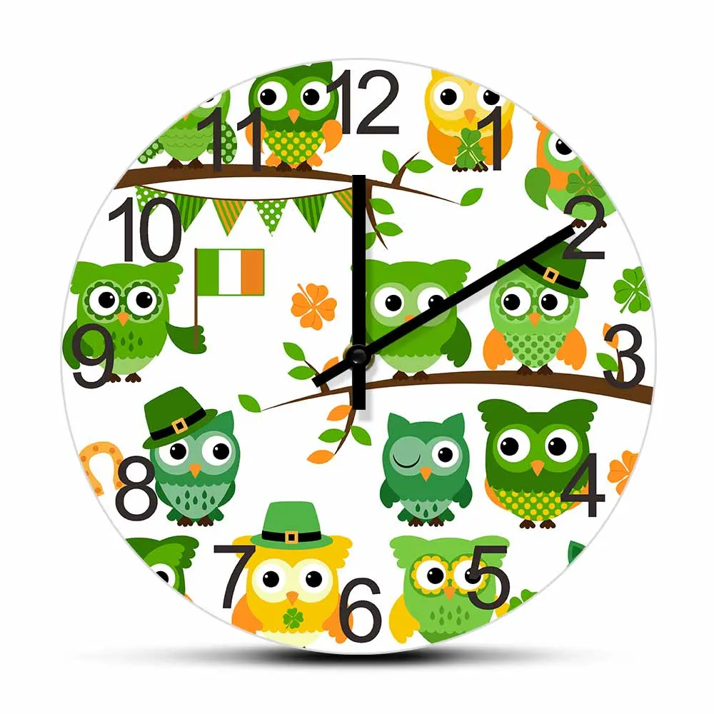 Baby Owl Bird Shamrock Silent Wall Clock For Irish Nursery Baby Room Saint Patrick's Day Ireland Home Decor Clock Wall Watch
