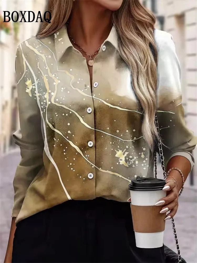 

Fall Fashion Shirt Women's Textured Pattern Tie Dye Print Blouse Casual Long Sleeve Shirt Home Tops Lapel Button Female Clothing