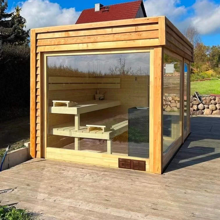 Modern 6-Person Red Cedar Square Outdoor Sauna Room 6kW Electric Stove Solid Wood Construction for Villas