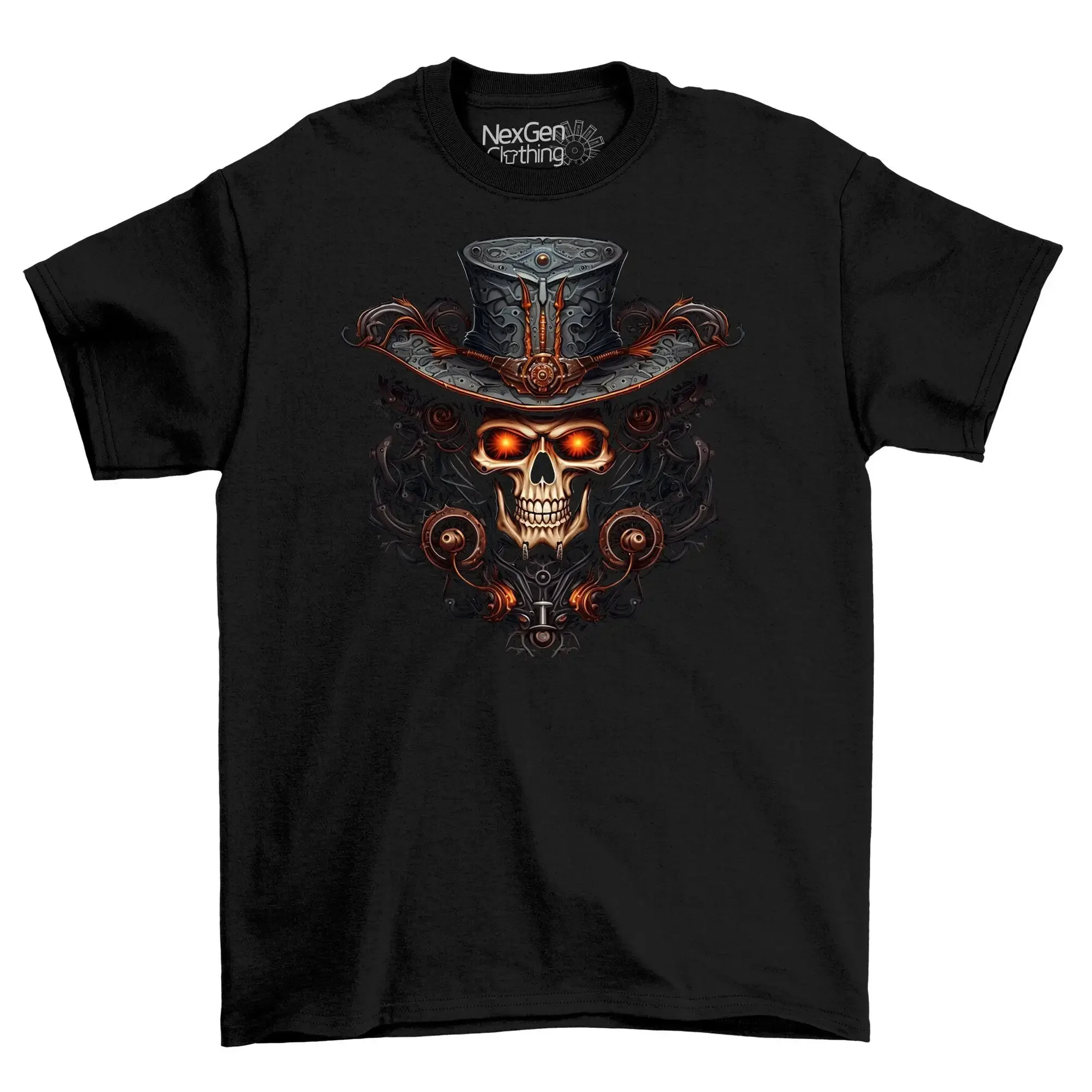 Detailed Skull Head Wearing A Cowboy Hat T Shirt Top Men s Black Cotton Mens Goth Fantasy Dark