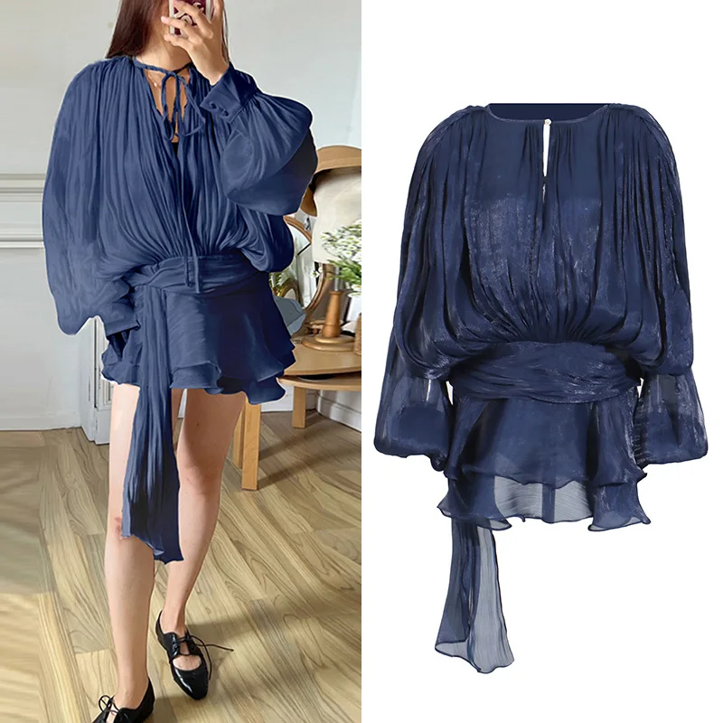 Однотонные свободные элегантные платья со складками для женщин, женское платье-туника с круглым вырезом и длинными рукавами в стиле пэчворк на шнуровке