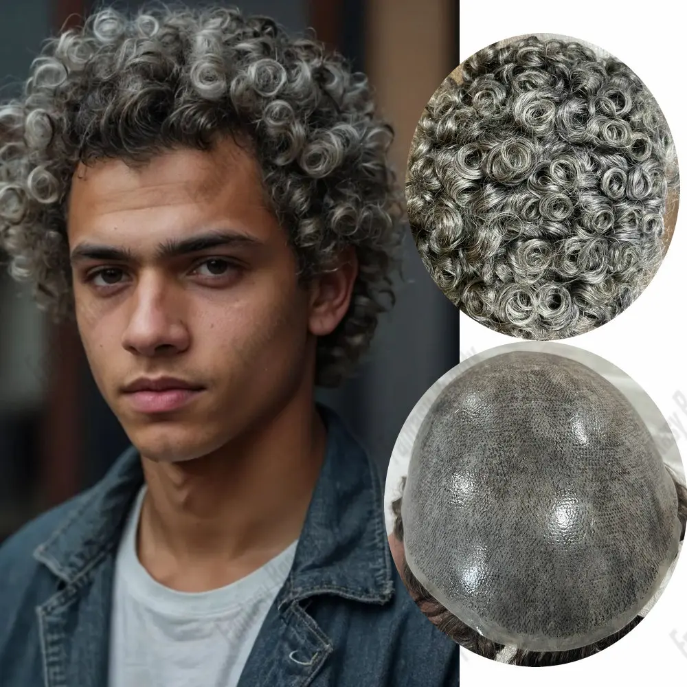 

1B65 Серый Черный Вьющийся Мужской Парик Человеческих Волос 20 мм Вьющиеся Прочные Полная Кожа Натуральные Волосы Мужские Волосы Капиллярный Протез Система