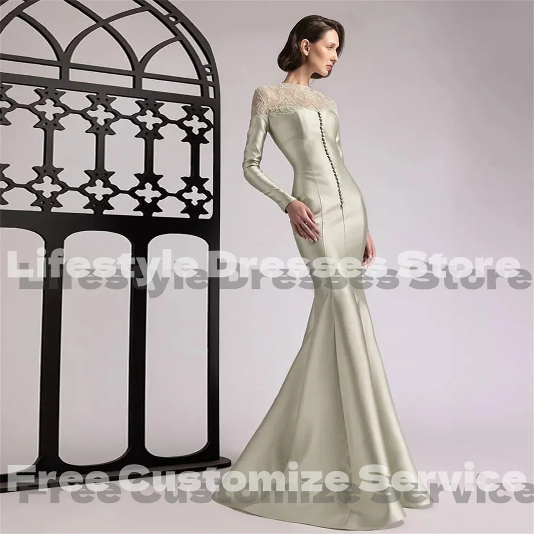Customized O-neck Lace Patchwork Satin Prom Dress Mermaid Long Sleeves Elegant Evening Dress Formal Party dresses for women