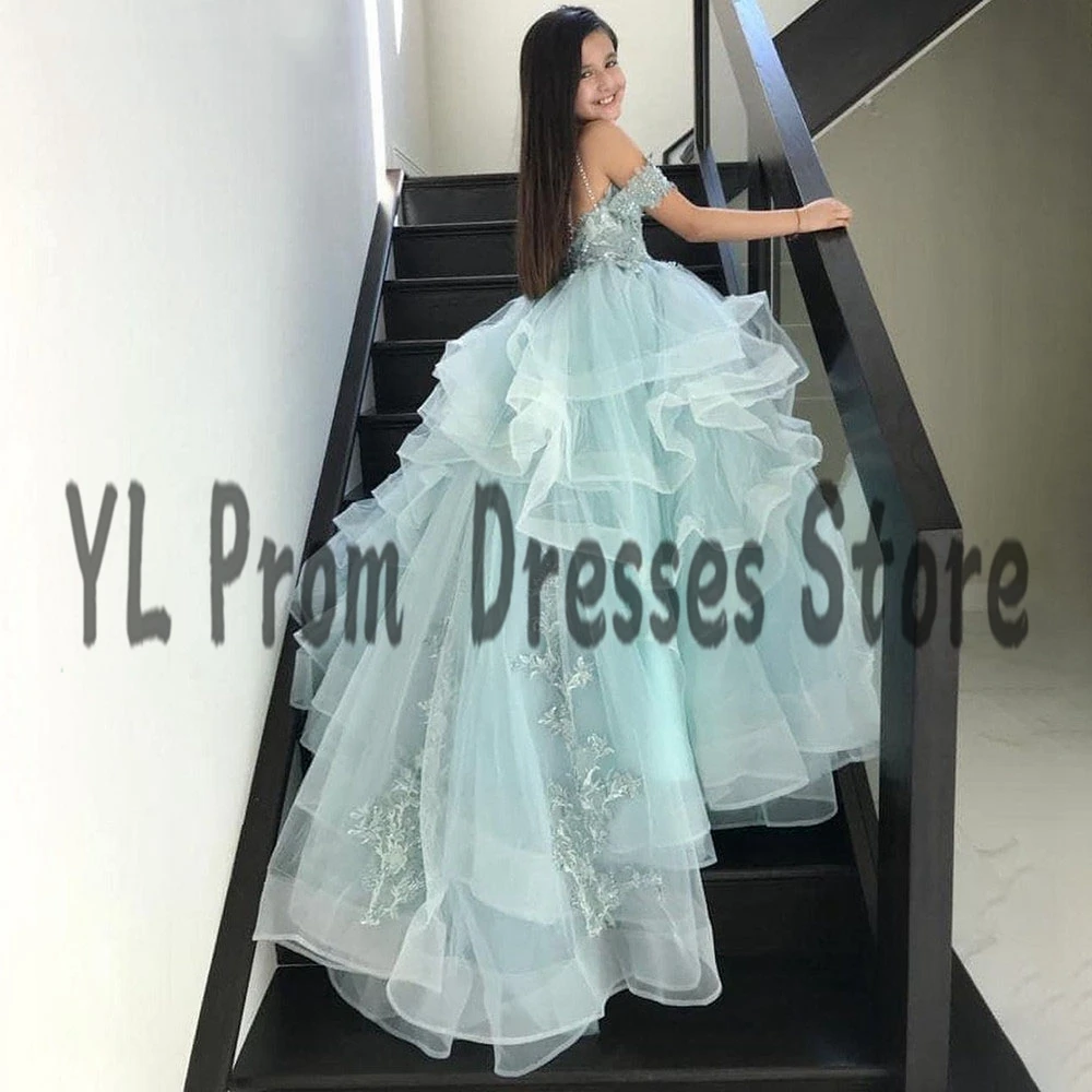 YL-vestidos de niña de flores azul claro, cintura alta, Princesa, tul, vestido de primera comunión, encaje fuera del hombro, vestidos de baile para bebé